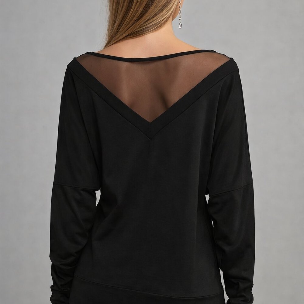 Sexy Sheer Mesh V-Neck Black Top | Italian Designer Style | Minimalist Boutique - Picture 3 of 5